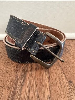 Vintage Black Leather Belt with Antiqued Brass Buckle